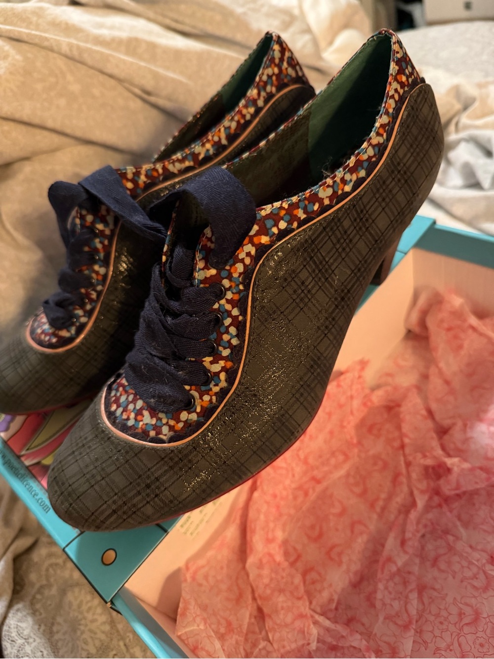 Poetic License /irregular choice Navy Plaid Heeled Oxfords with Multicolor Trim - Picture 6 of 7